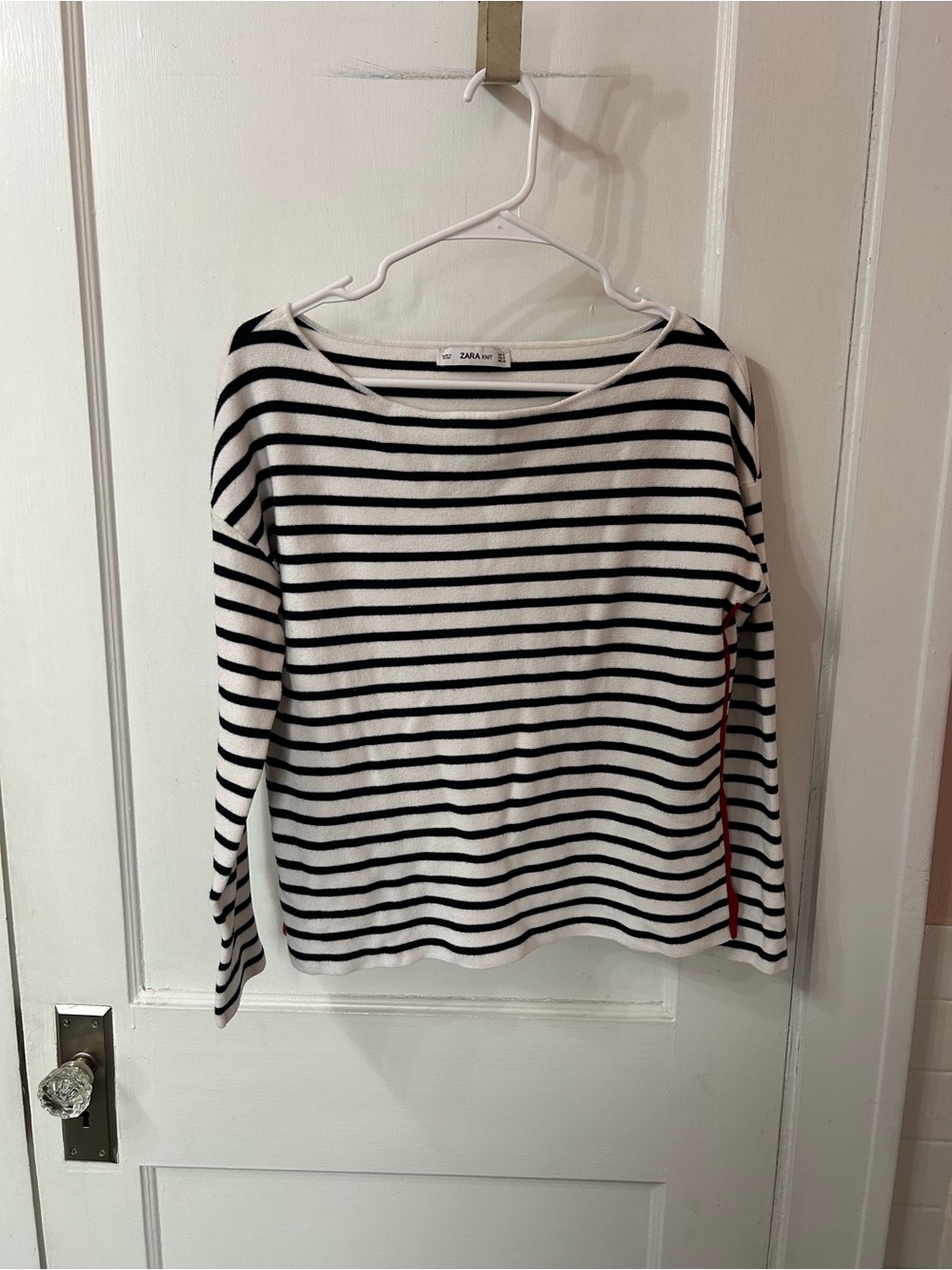 Zara Black & White Striped Long Sleeve Top with Red Side Detail